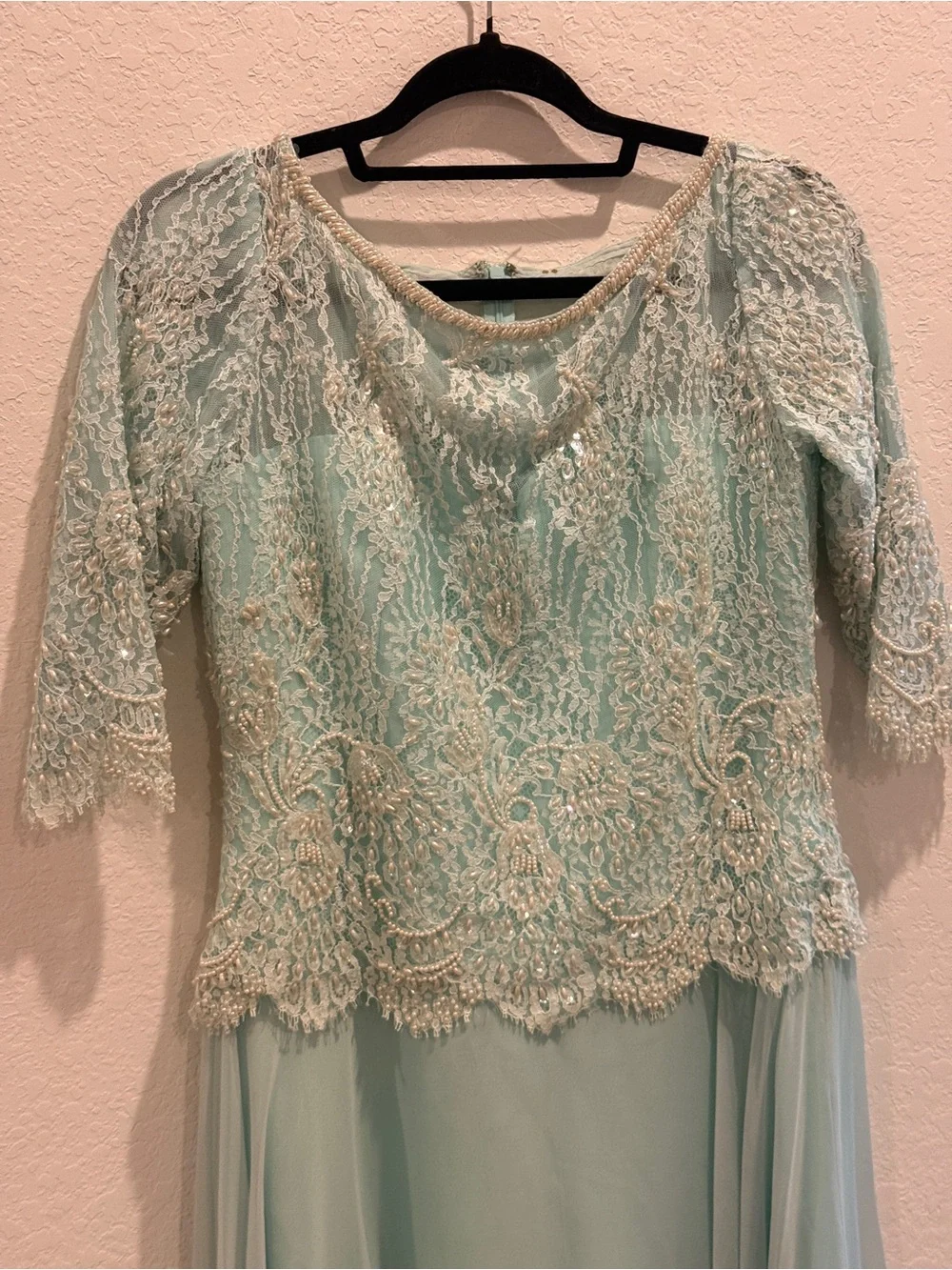 Vintage Mint Lace Appliqué Evening Gown - Picture 3 of 7